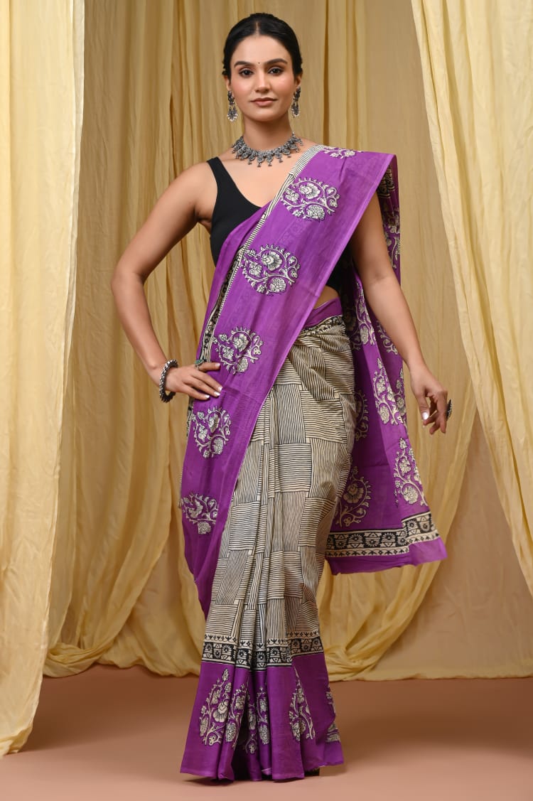 Premium Mul Cotton Hand Block Printed Saree With Blouse Piece