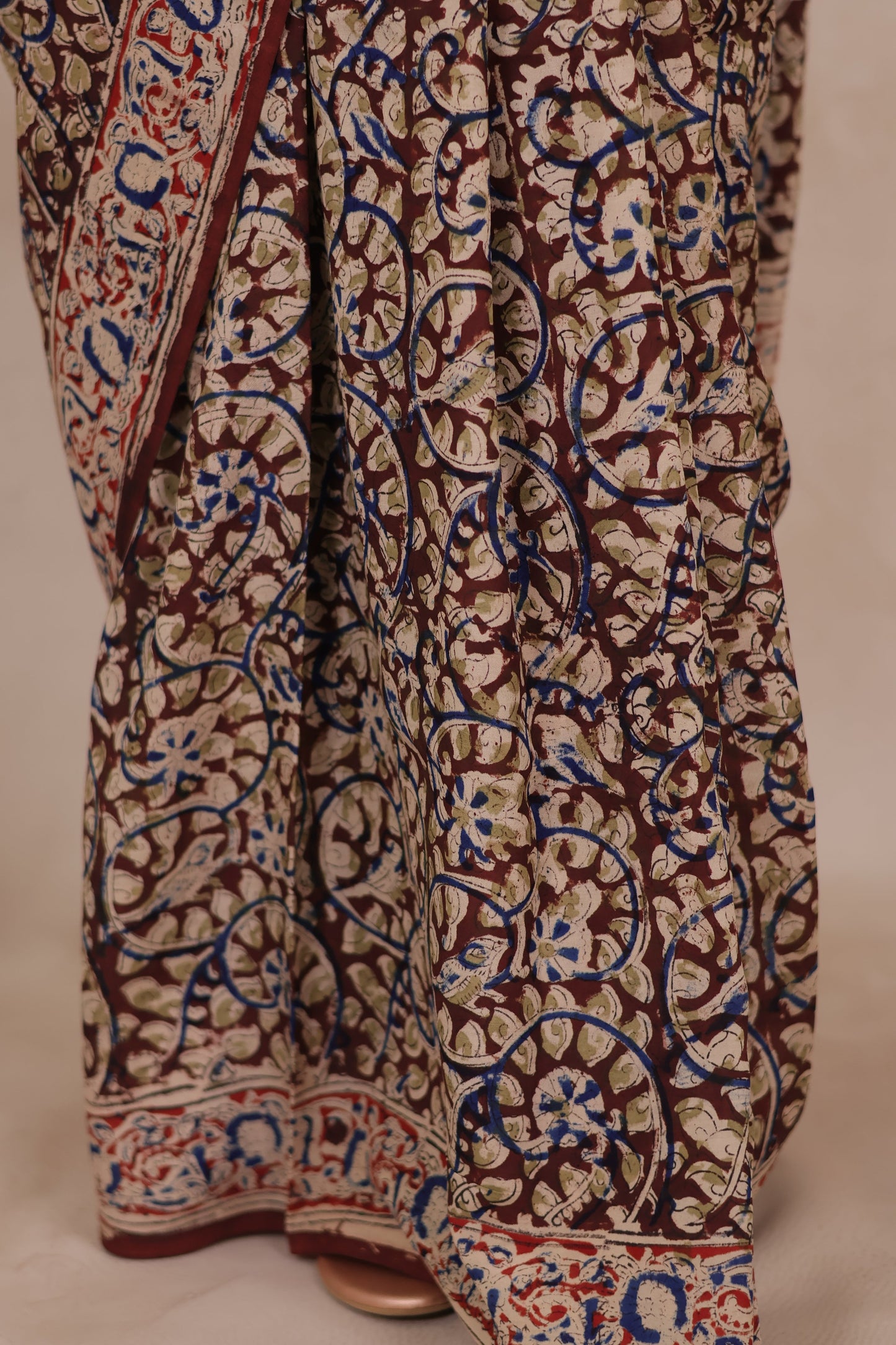 Maroon Hand Block Printed Kalamkari Chennur Silk Saree