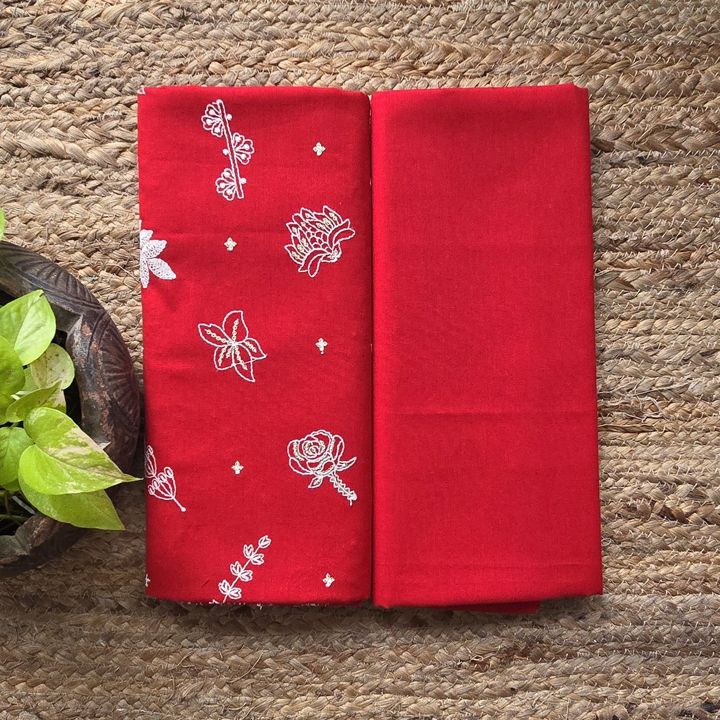 Top Bottom Combo Pure Cotton Red With Embroidered Fabric