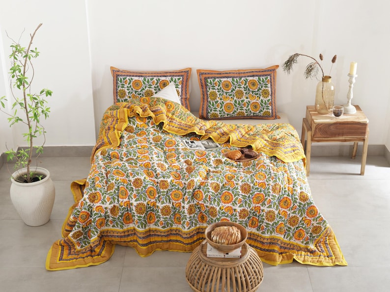 Yellow Sunflower All Season Cotton Hand Block Reversible Doona