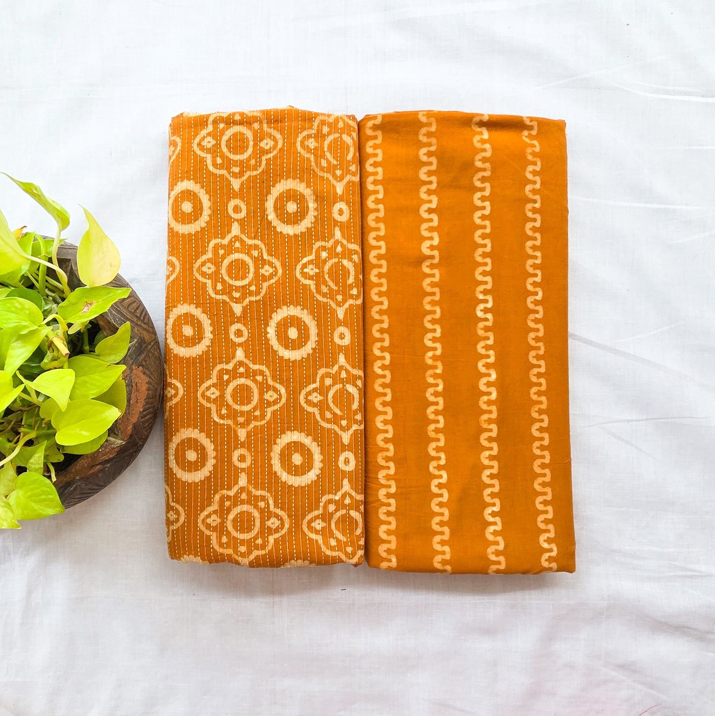 Pure Cotton Dabu Yellow With U Waves With Integrated