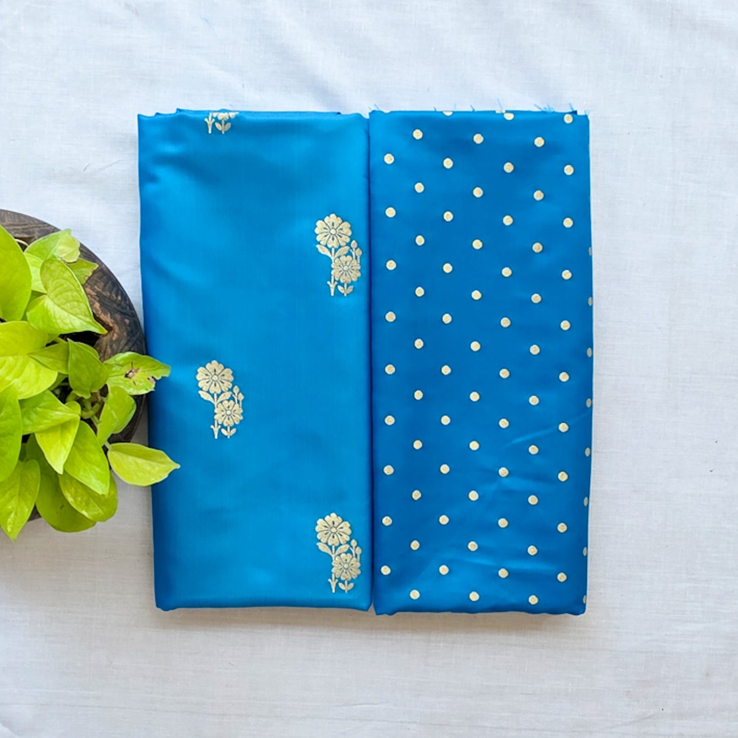 Brocade Blue With Flower Plant Motif And Polka Dot Top