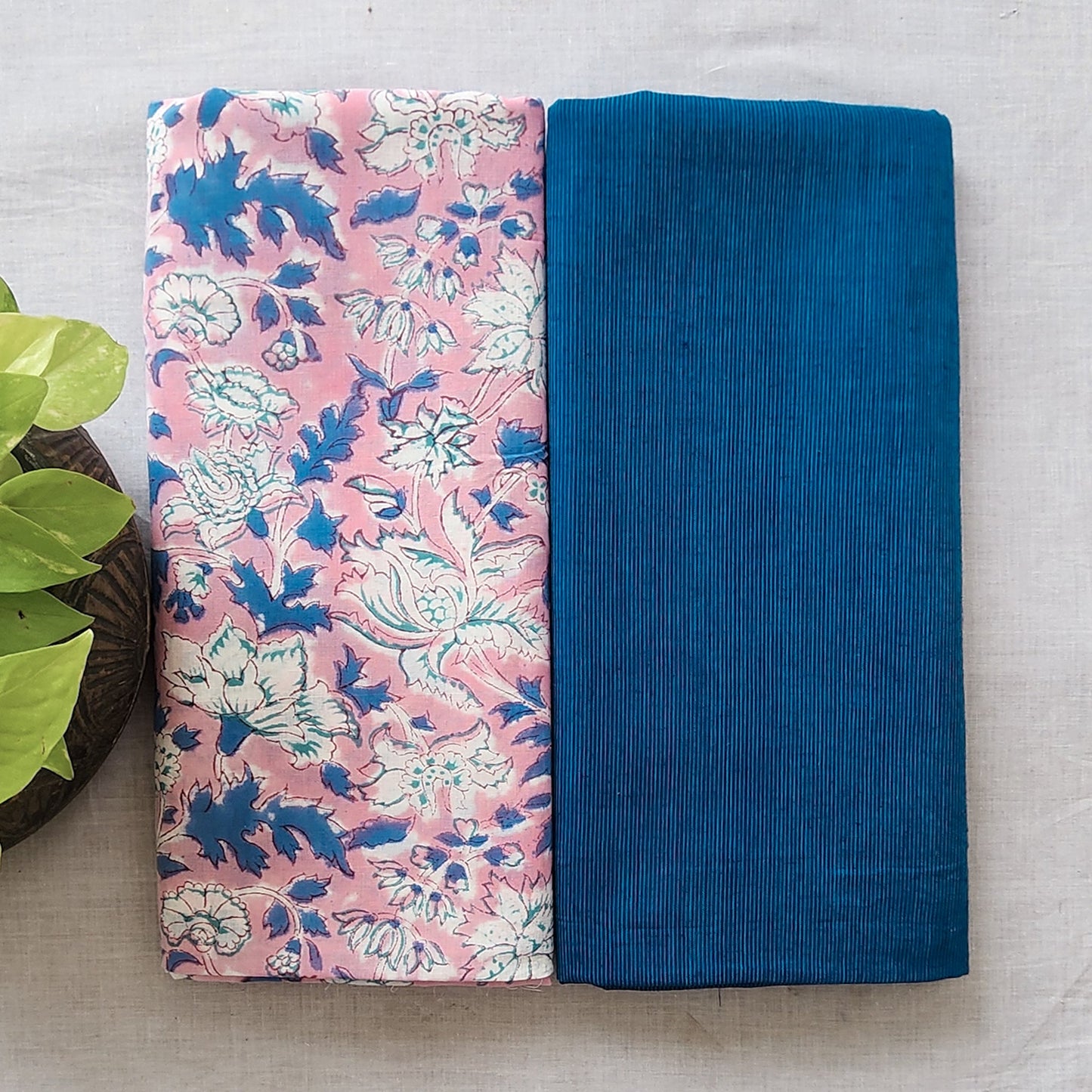 Pure Cotton Jaipuri Pink With Handloom Blue Top Bottom