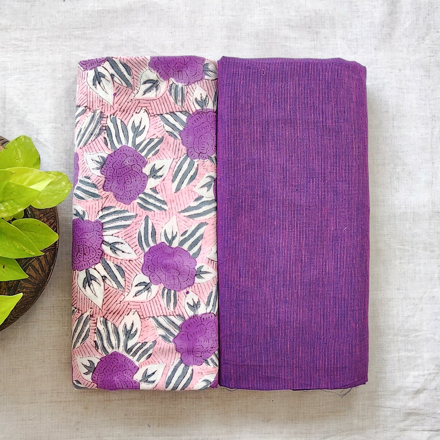 Pure Cotton Jaipuri With Handloom Purple Top Bottom Combo