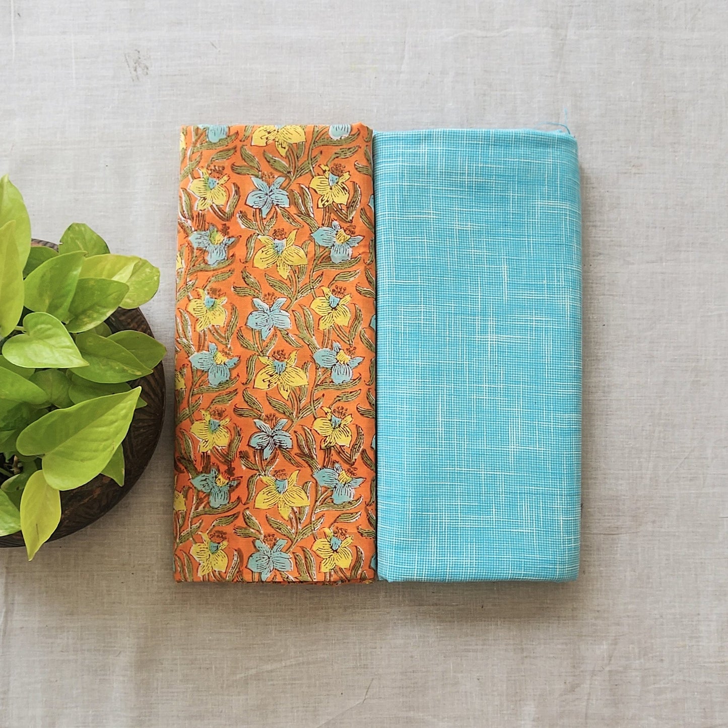 Pure Cotton Jaipuri Orange With Handloom Blue Fabric Top