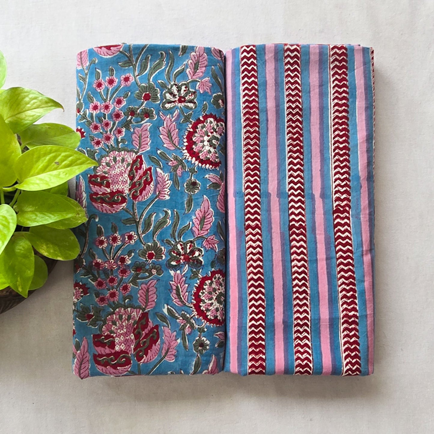 Pure Cotton Jaipuri Light Blue Top With Red Flower Jaal