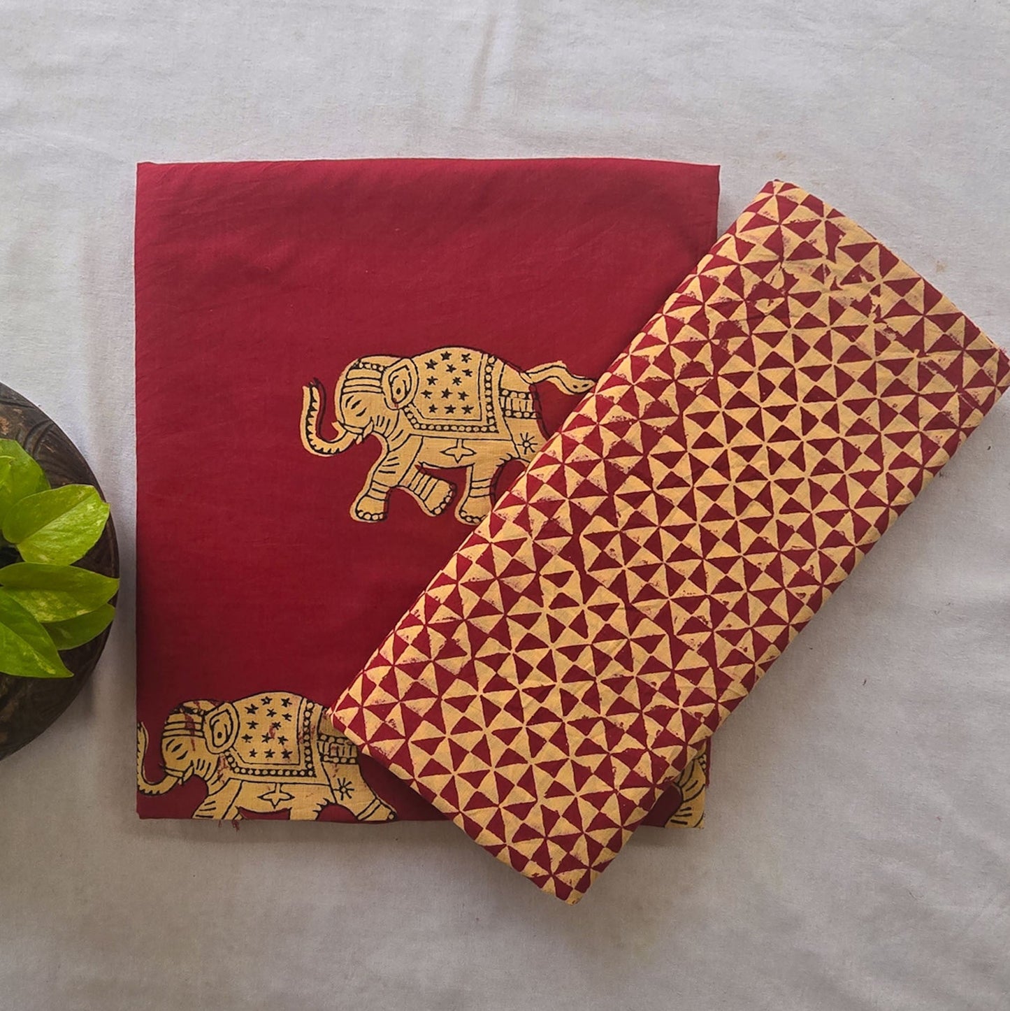 Pure Cotton Akola Dabu Maroon With Elephant Motifs And