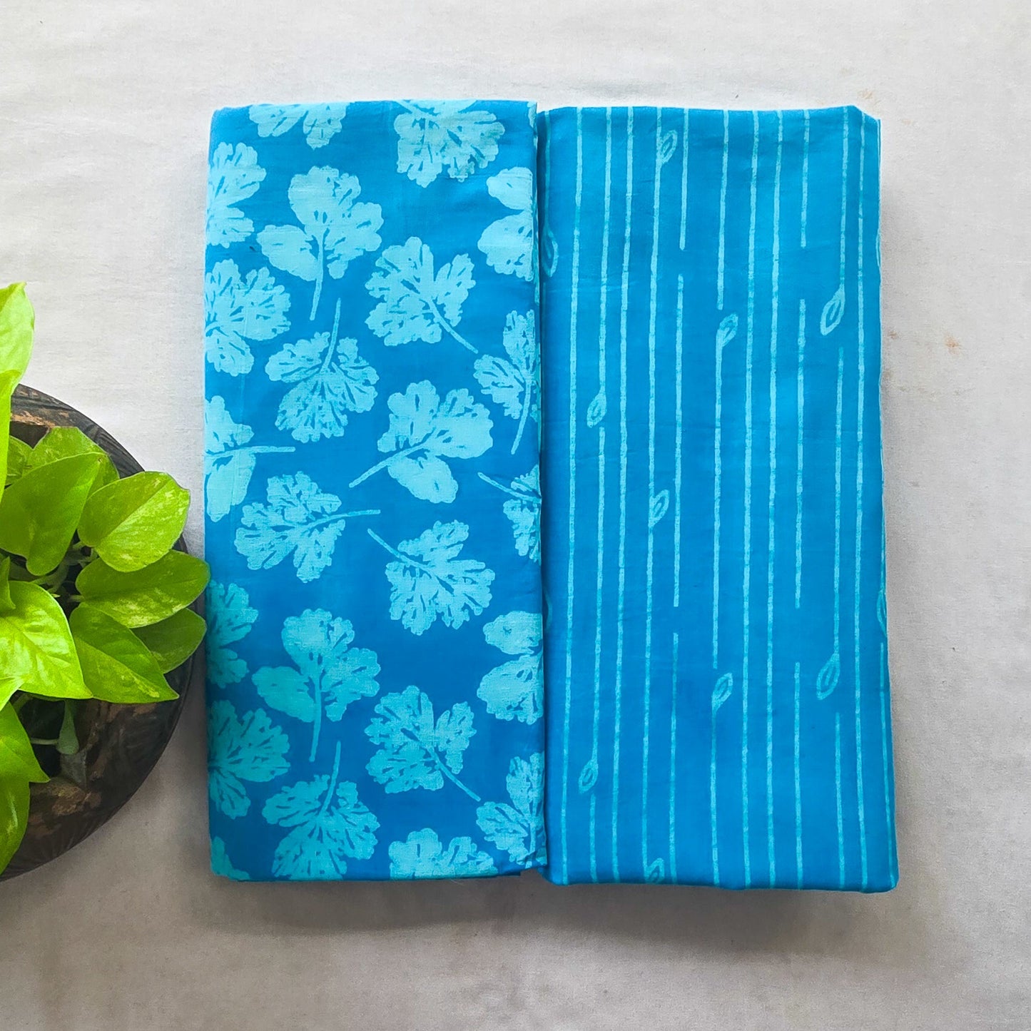 Pure Cotton Dabu Blue Leaves With White Stripes Hand