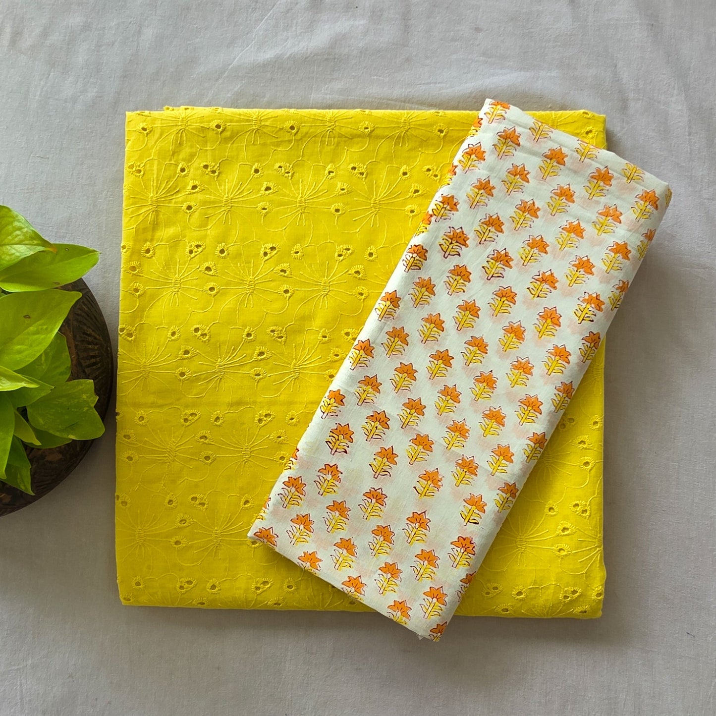 Pure Cotton Hakoba Yellow With Jaipuri White Top Bottom
