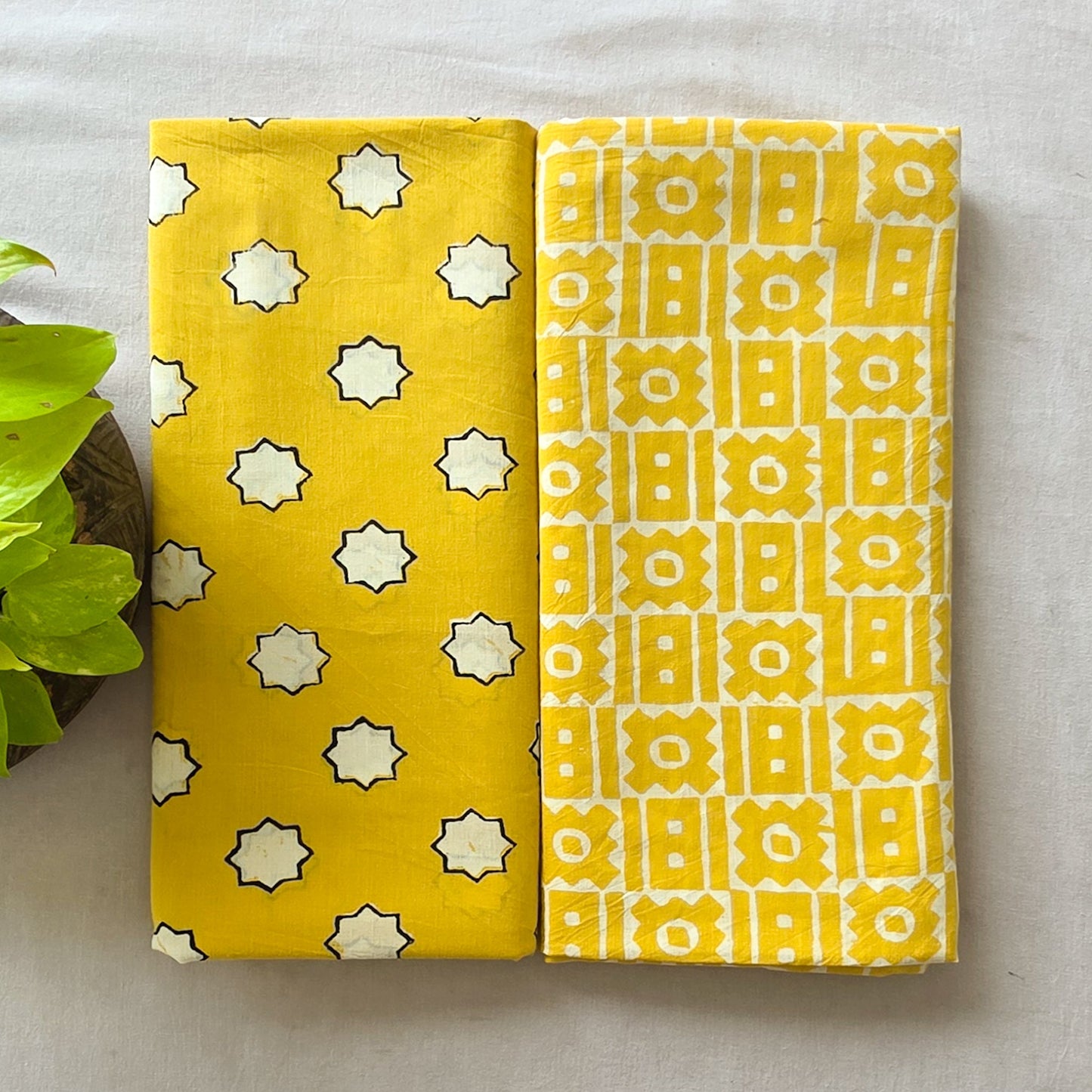 Pure Cotton Akola Dabu Yellow With star motif Top Bottom