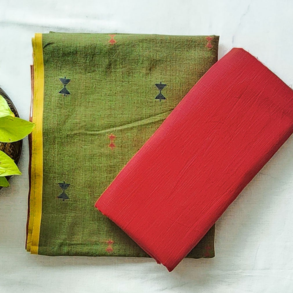 Pure Cotton Handloom Green With Red Top Bottom Combo