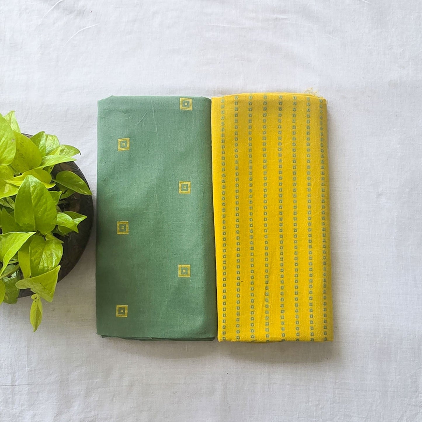 Pure Cotton Handloom Green With Yellow Top Bottom Combo