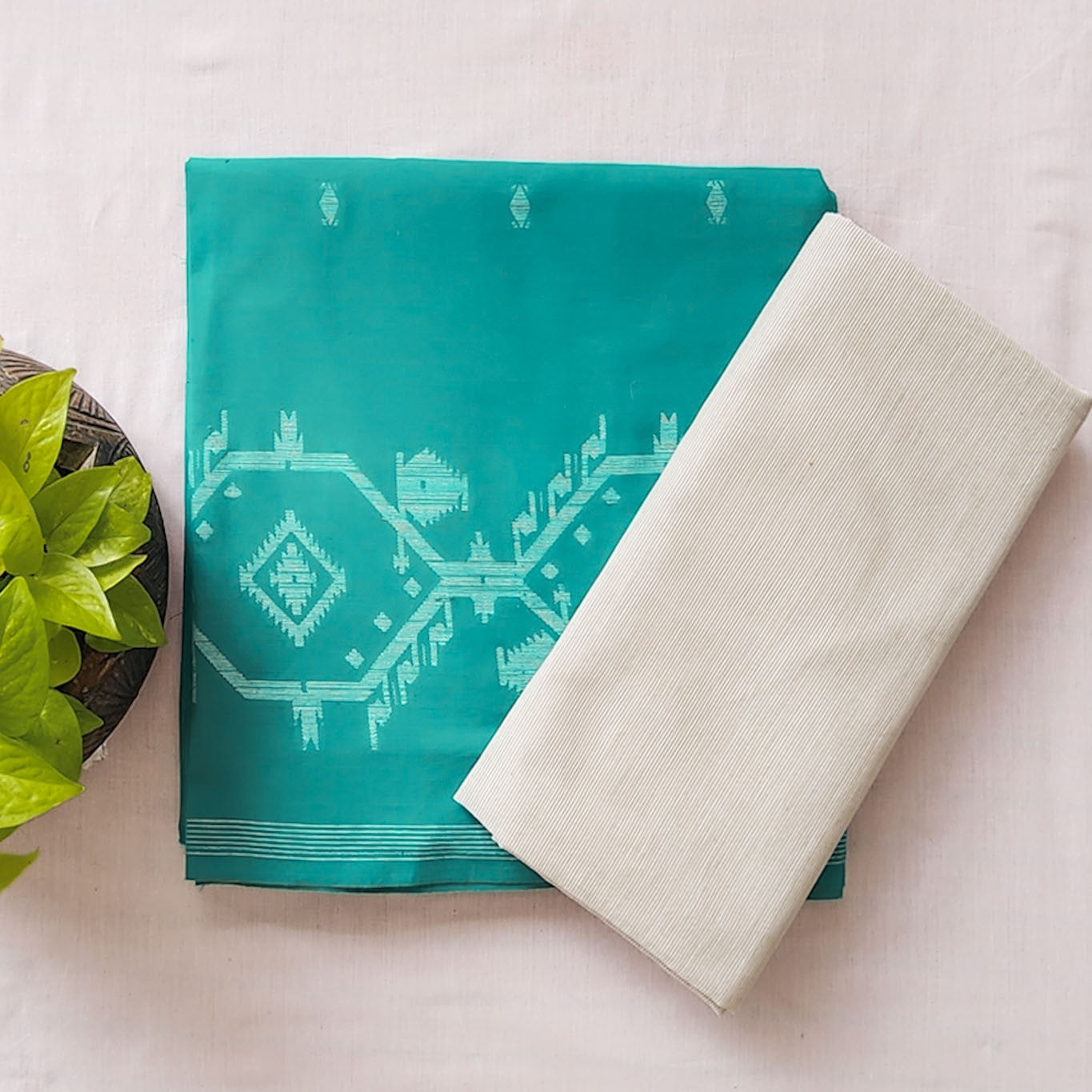 Pure Cotton Handloom Turquoise With Beige Top Bottom Combo