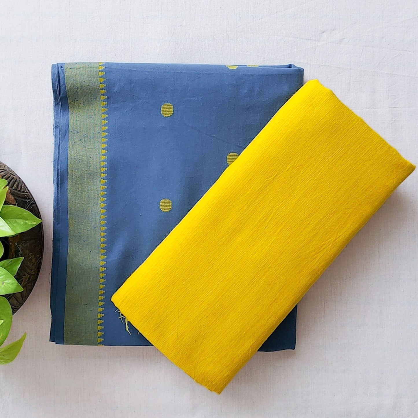 Pure Cotton Handloom Dusty Blue With Yellow Top And Bottom