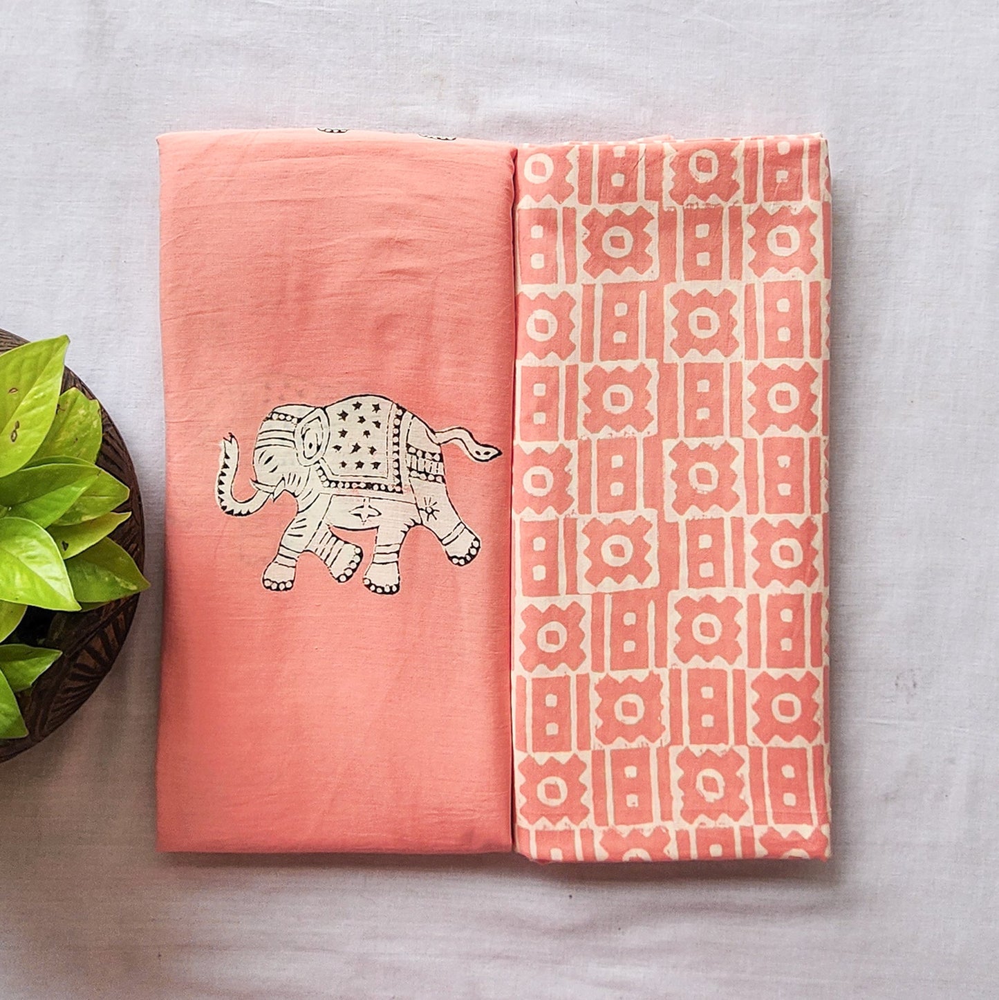 Akola Dabu Peach With Elephant Motifs Top Bottom Combo