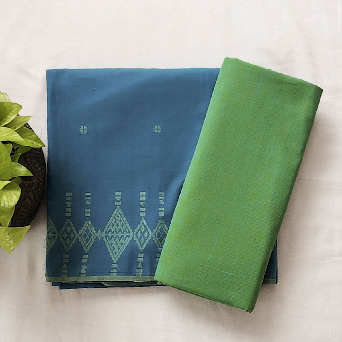 Pure Cotton Handloom Blue With Green Top Bottom Combo