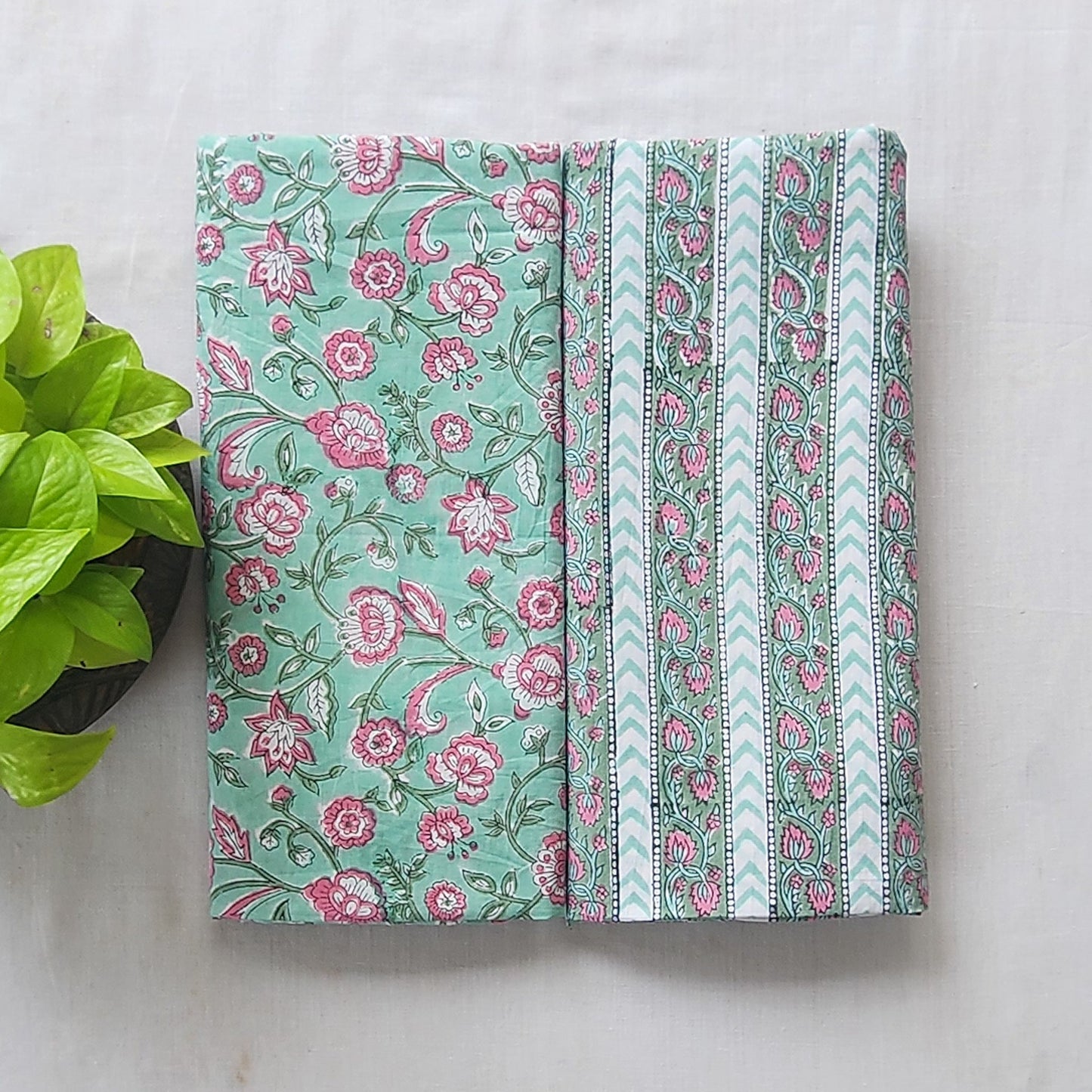 Pure Cotton Jaipuri Green With Pink Flower Jaal And