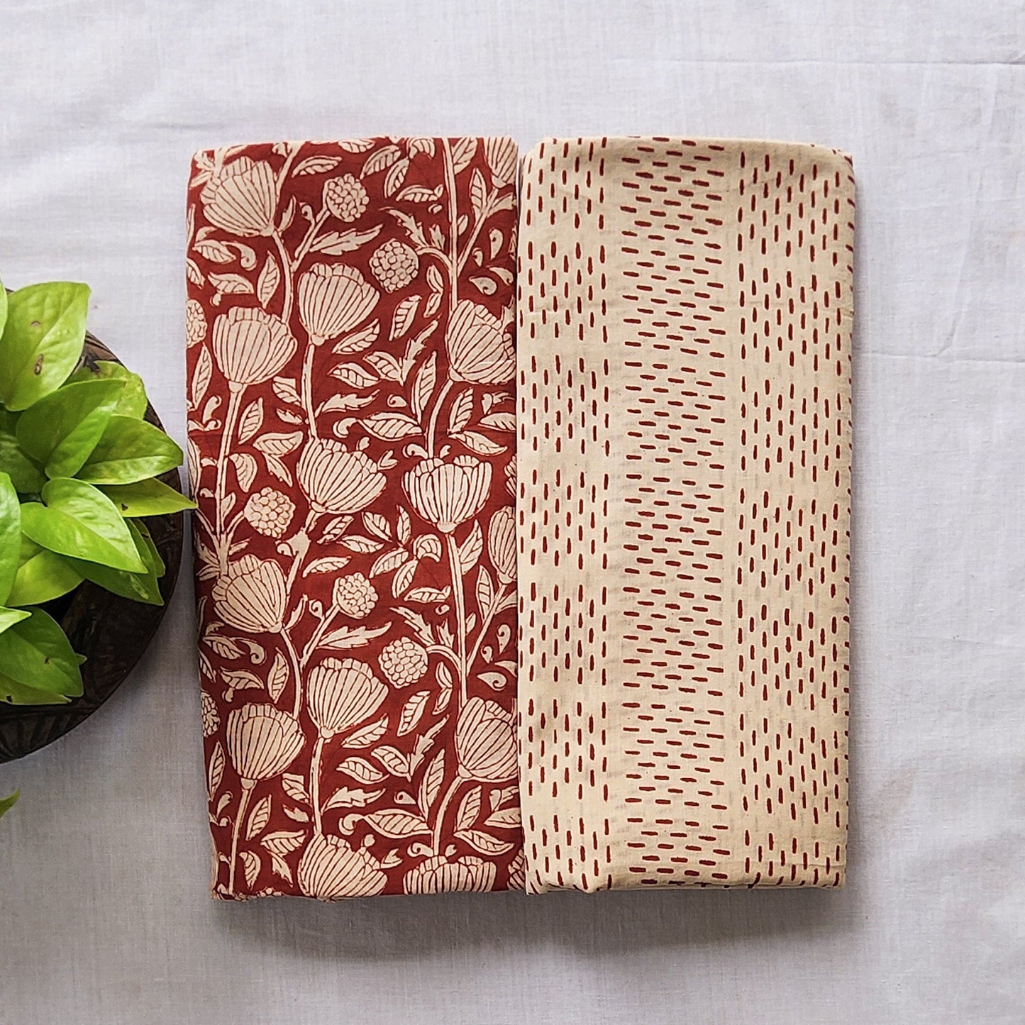 Pure Cotton Mul Bagru Rust Red Flower Jaal With Cream