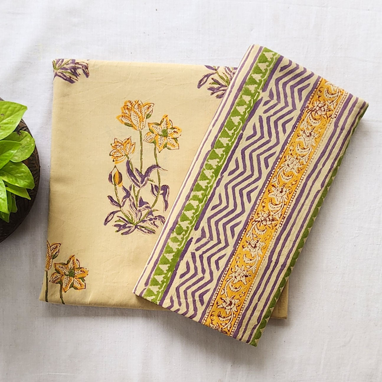 Pure Cotton Jaipuri Sandy Yellow With Big Flower Motif