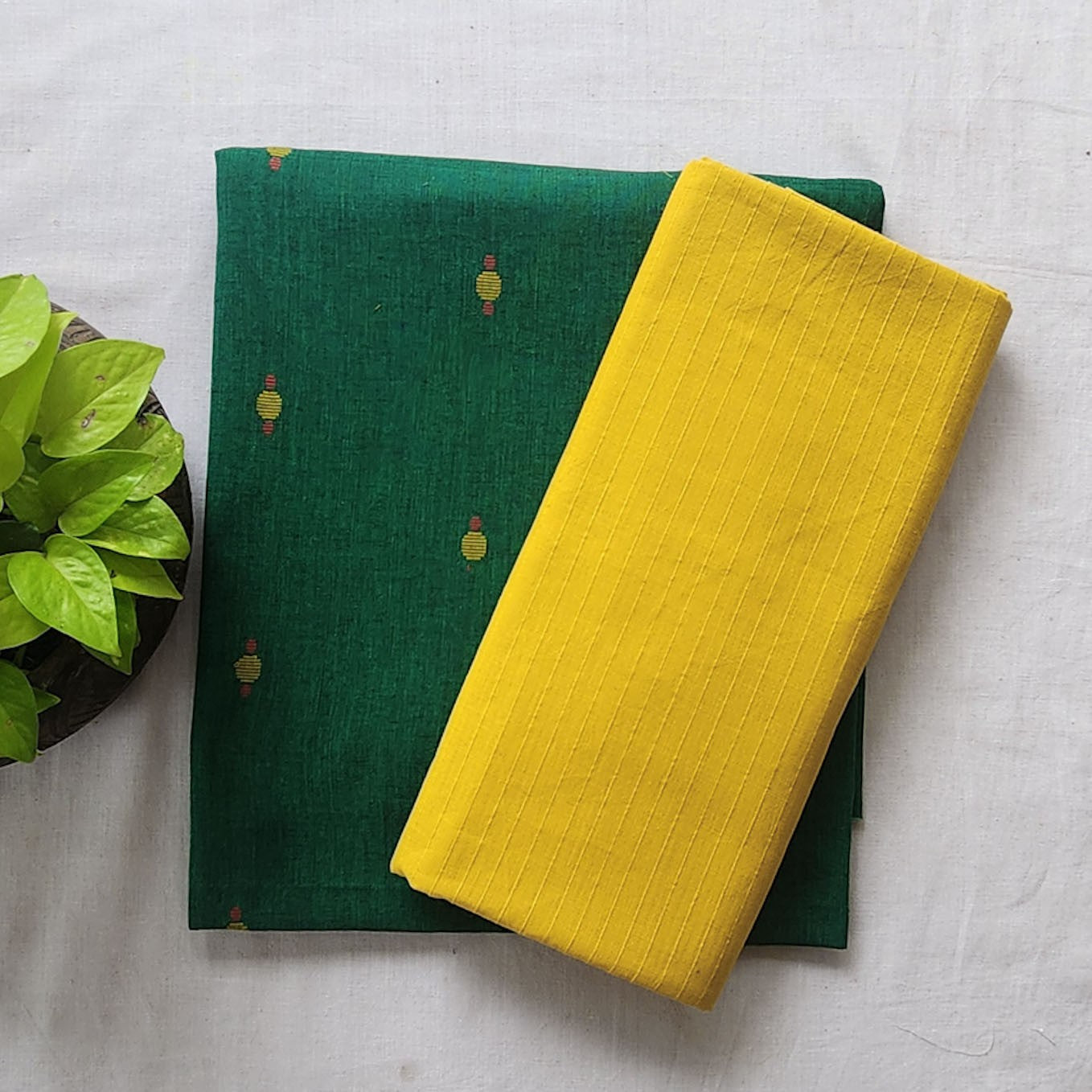 Pure Cotton Handloom Dark Green With Yellow Butti And