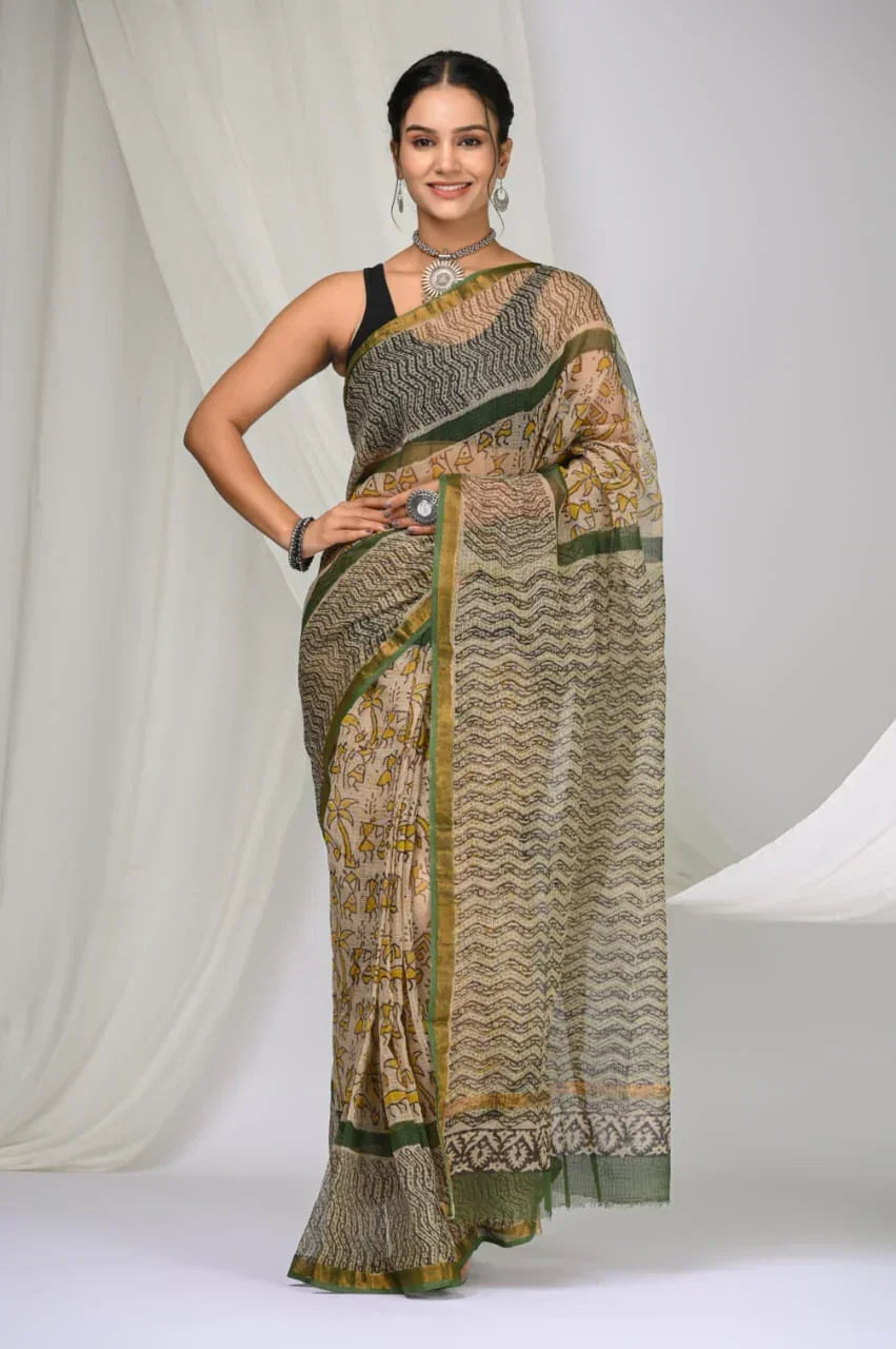 Elegant Handblock Kota Doria Saree for Festive Events