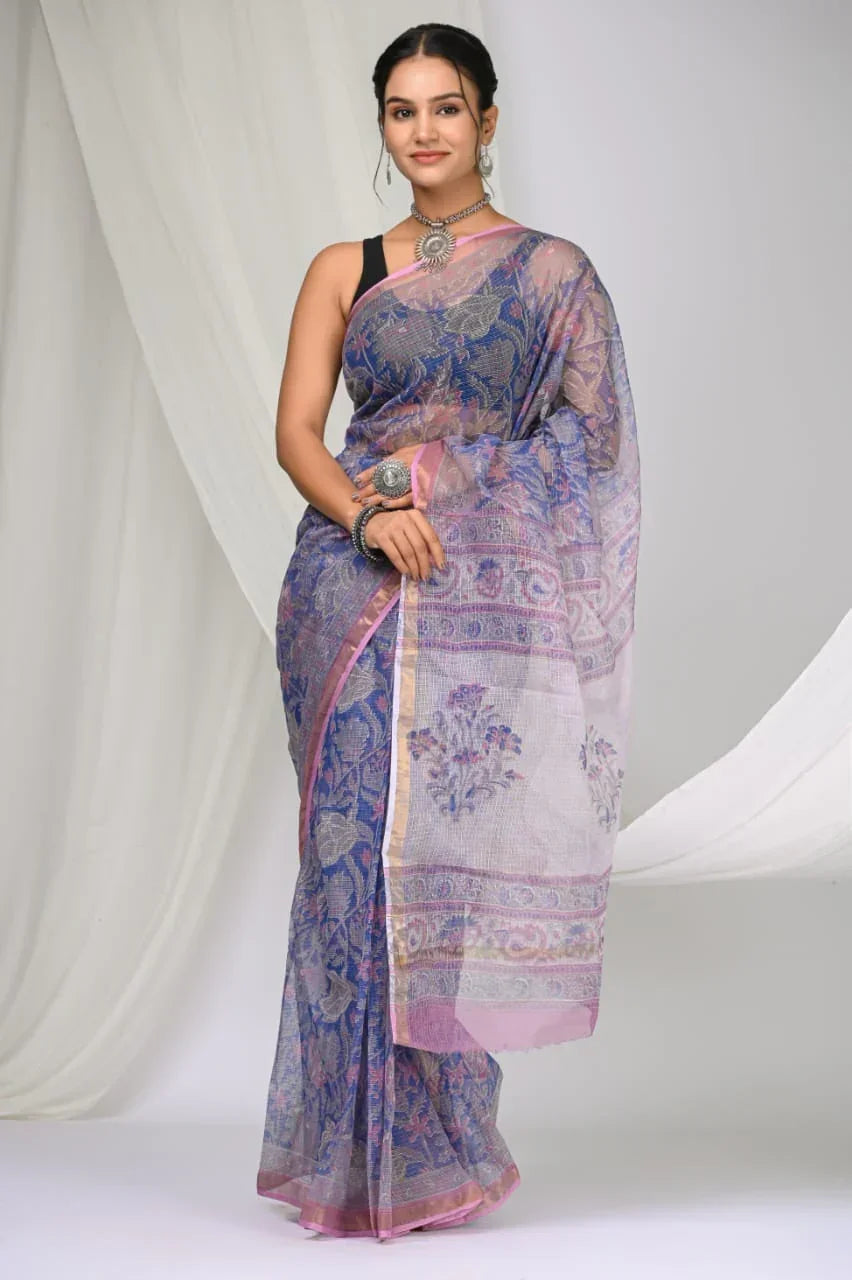 Elegant Handblock Kota Doria Saree for Festive Events