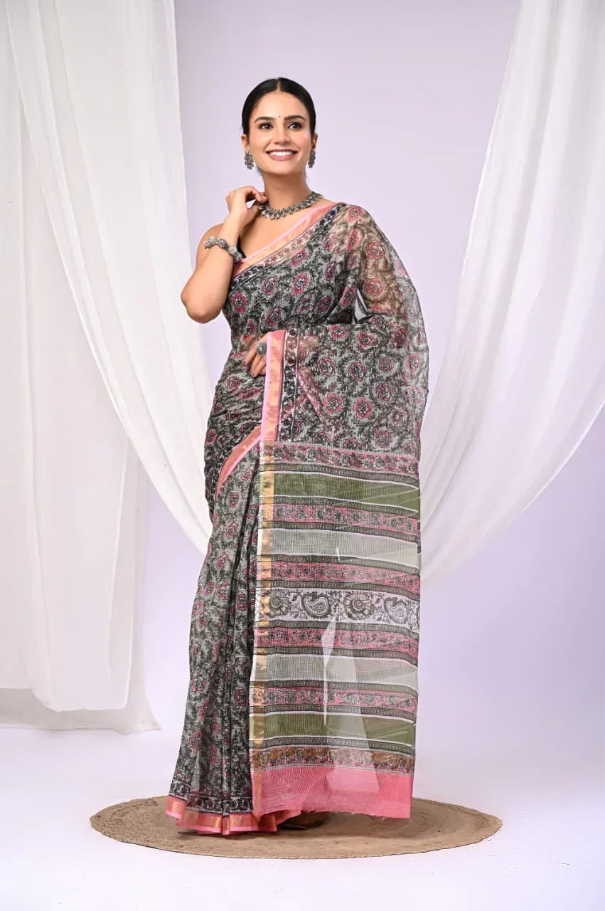 Elegant Handblock Kota Doria Saree for Festive Events