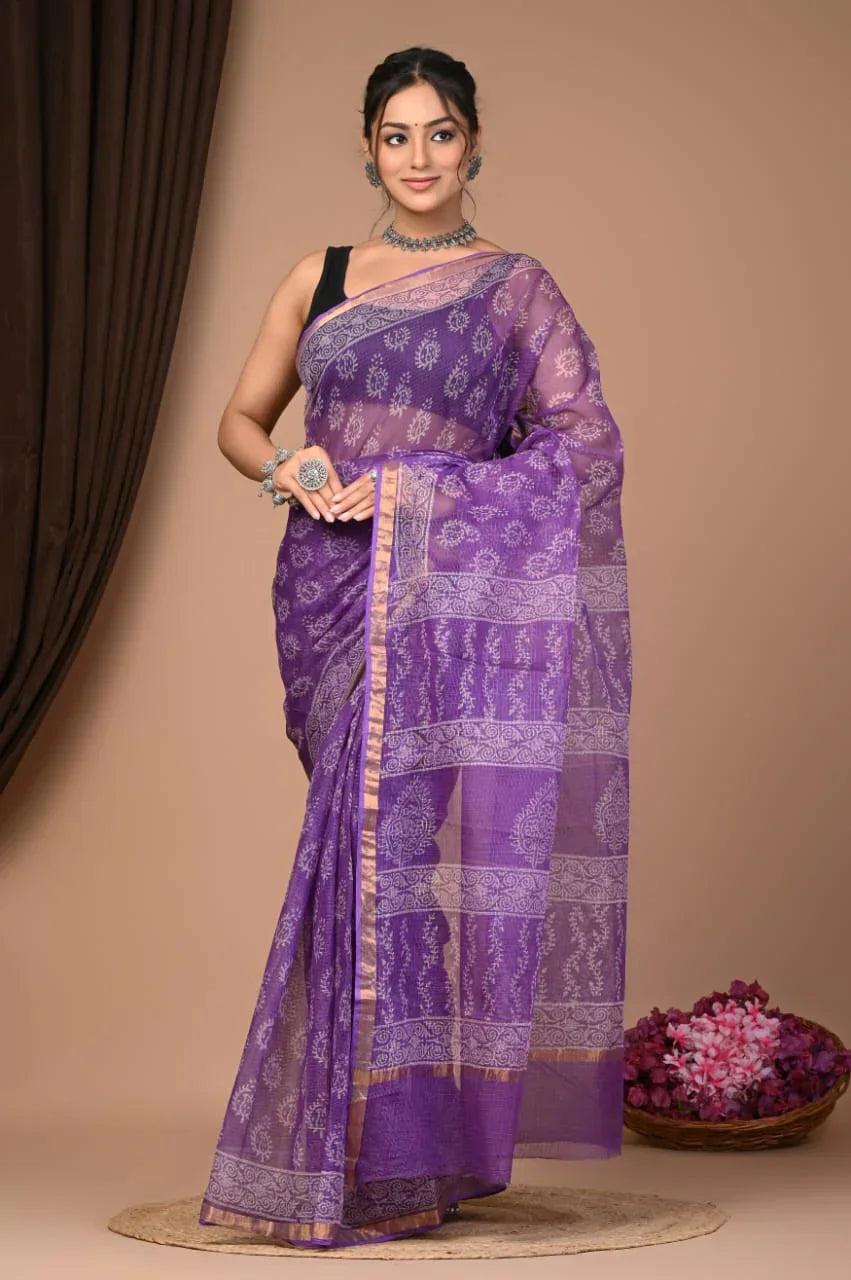 Elegant Handblock Kota Doria Saree for Festive Events