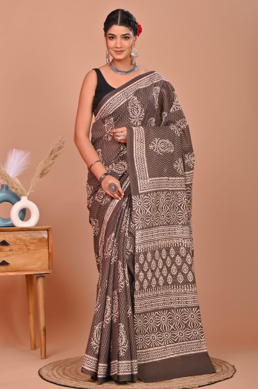 Bagru Cotton Hand Block Printed Saree With Blouse Piece