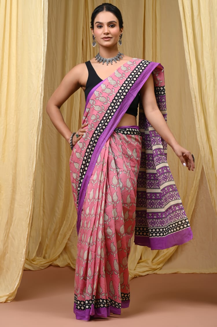 Premium Mul Cotton Hand Block Printed Saree With Blouse Piece