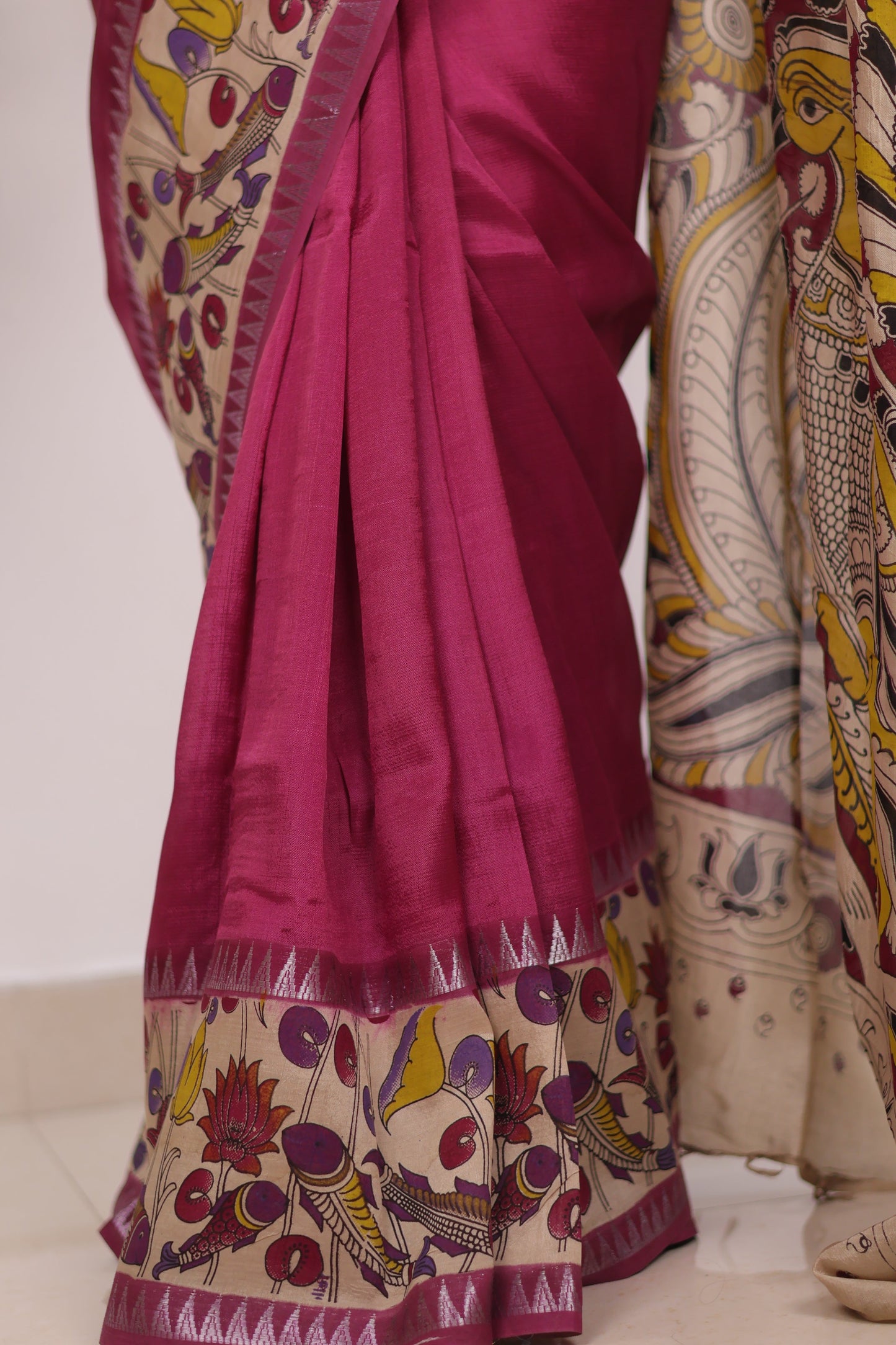 Magenta Plain Gap Border Kalamkari Premium Chennur Silk Saree
