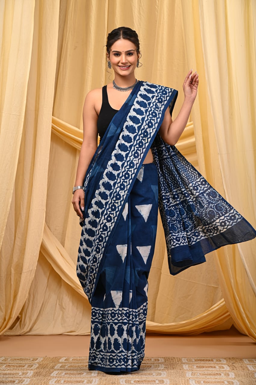 Premium Mul Cotton Hand Block Printed Saree With Blouse Piece
