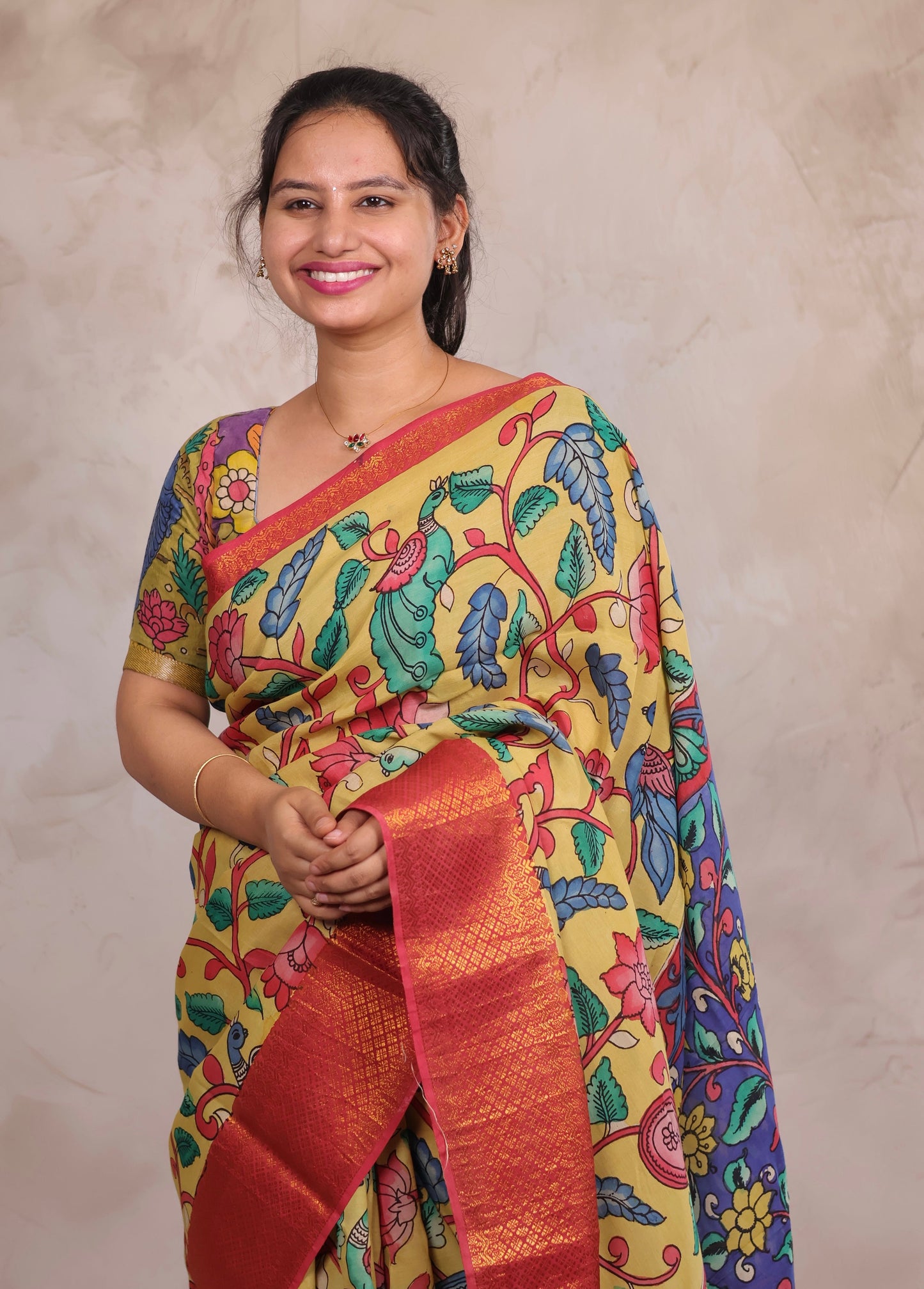 Hand Drawn Pen Kalamkari Light Yellow And Red Bangalore Silk Kanchi Border Saree