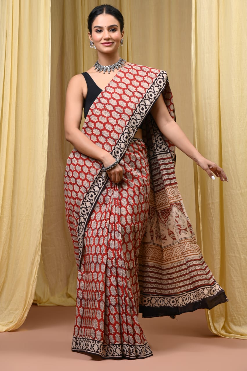 Premium Mul Cotton Hand Block Printed Saree With Blouse Piece