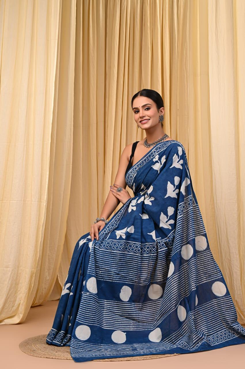 Premium Mul Cotton Hand Block Printed Saree With Blouse Piece