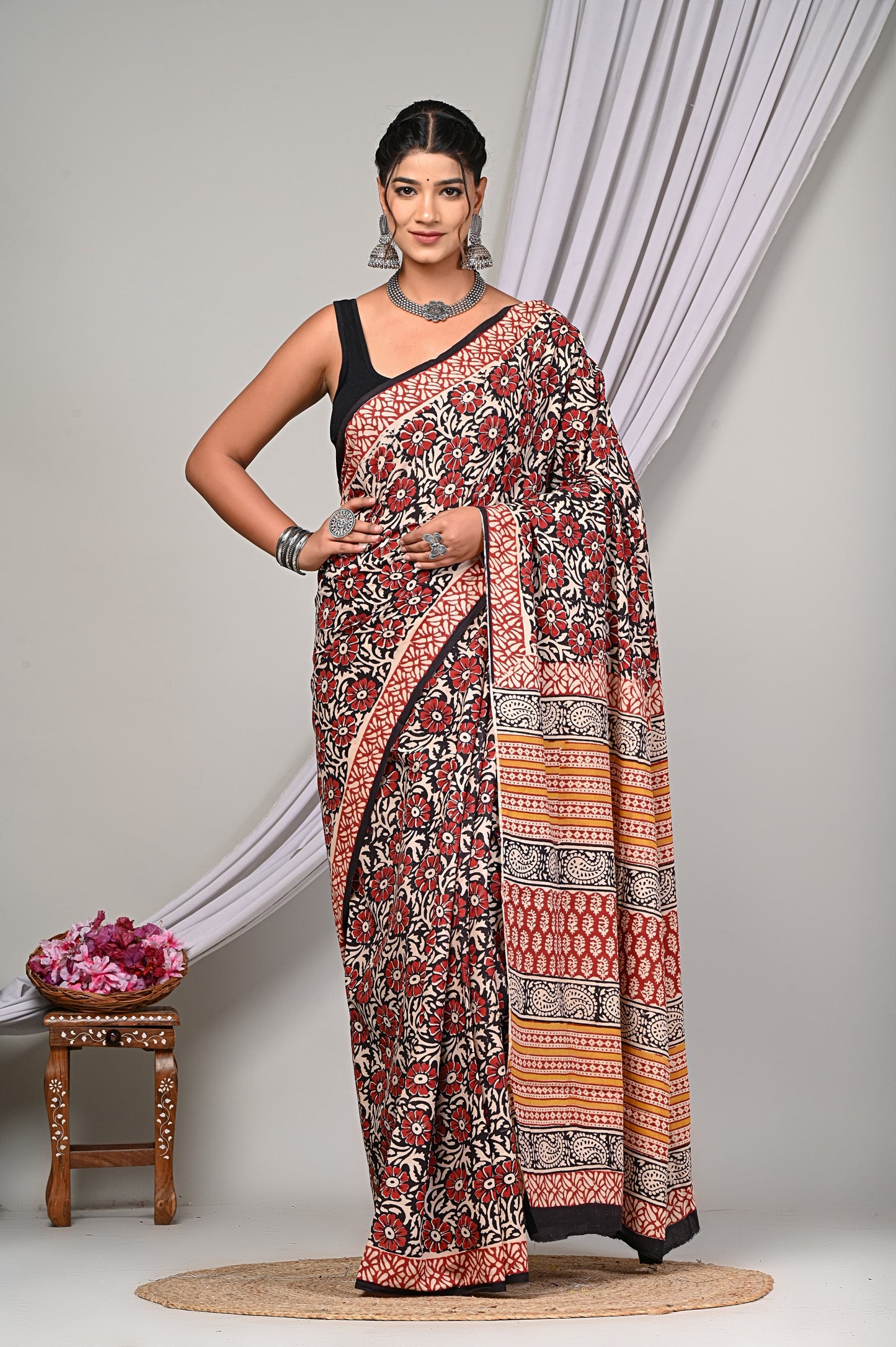 Bagru Cotton Hand Block Printed Saree With Blouse Piece