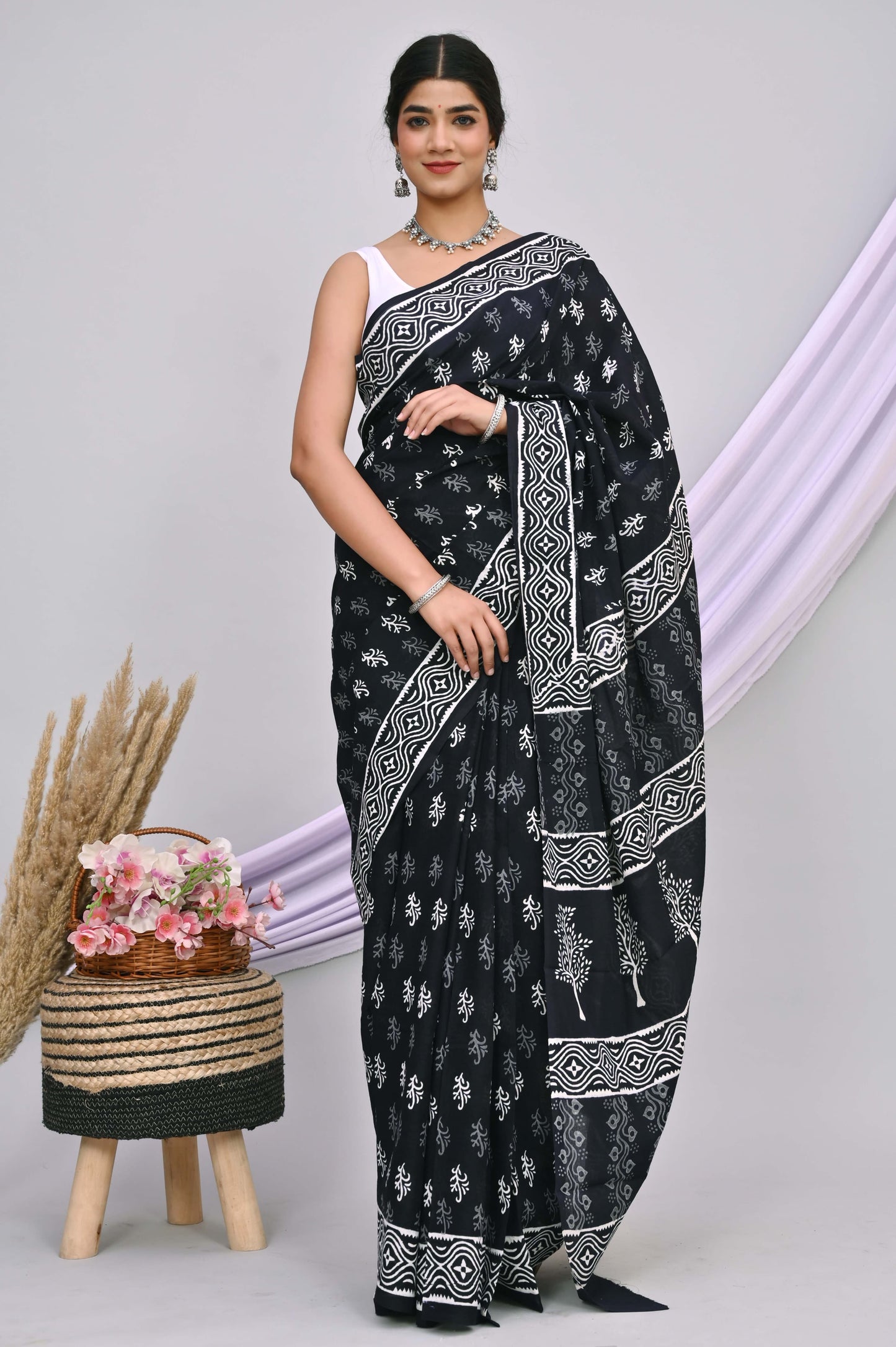 Bagru Cotton Hand Block Printed Saree With Blouse Piece
