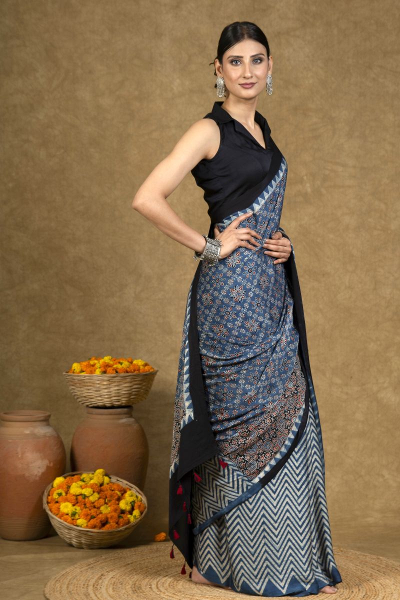 Blue Chevron Starry Ajrakh Modal Silk Saree