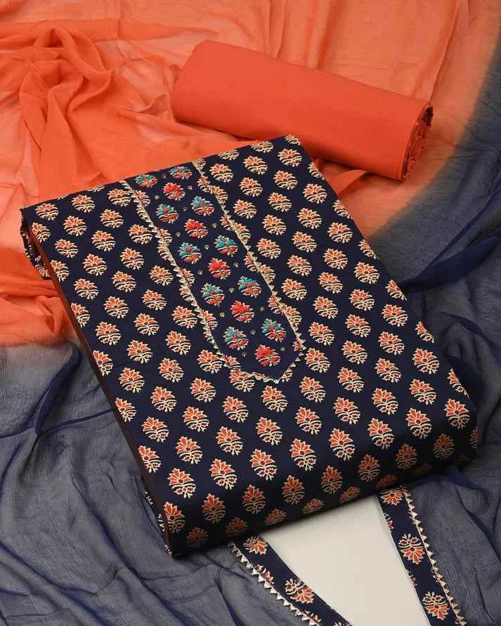 Navy Blue And Orange Crosia Sequence Work Suit