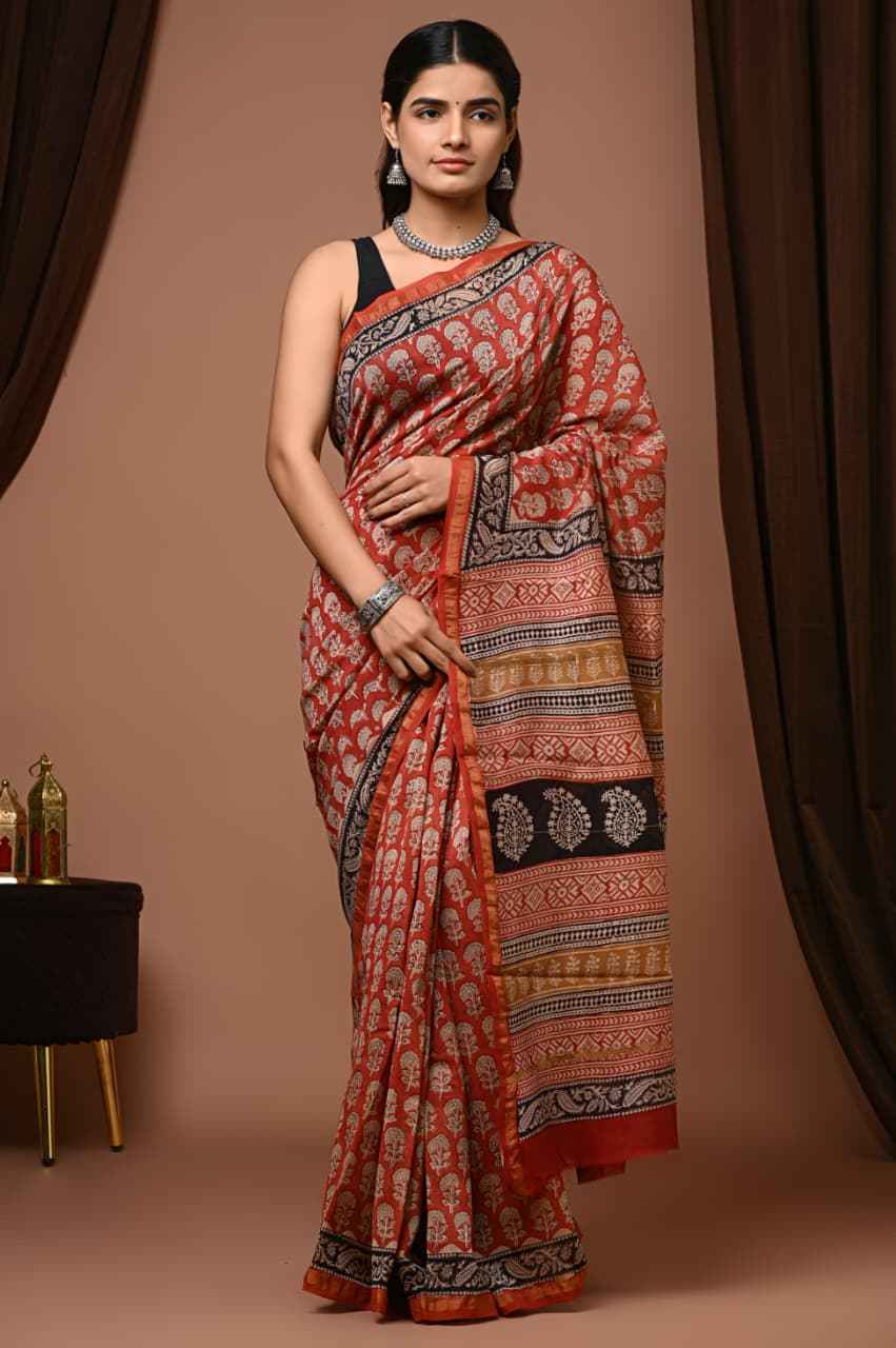 Burnt Orange Floral & Geometric Chanderi Silk Saree