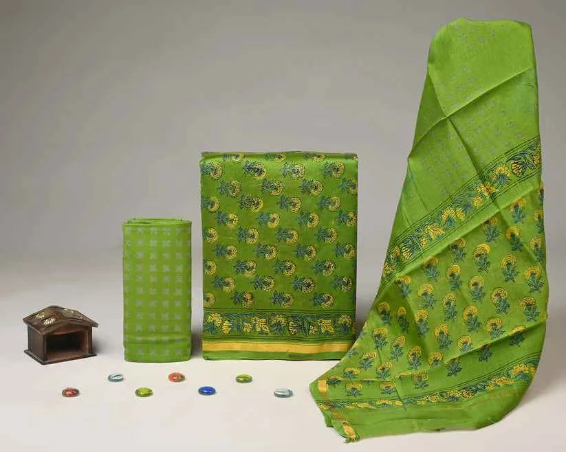 Green Chanderi Silk print Suit Set
