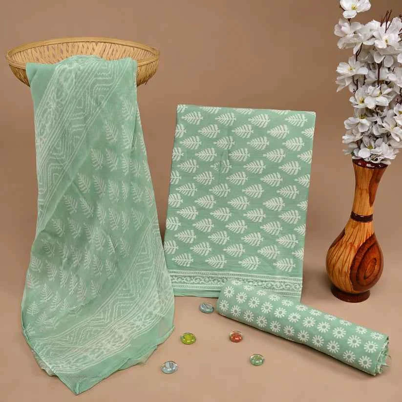 Olive Green Fabric Print Cotton Suit With Chiffon Dupatta