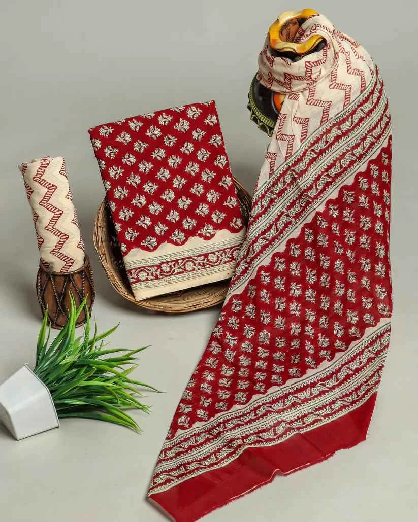 Maroon Gold Print Cotton Suit with Cotton Dupatta