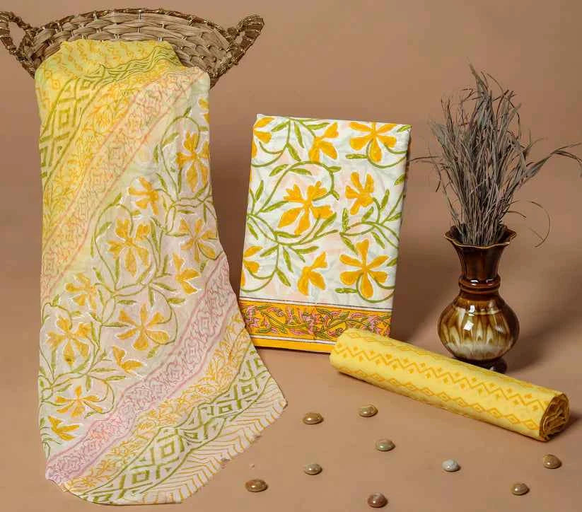Yellow Print Cotton Suit with Cotton Dupatta