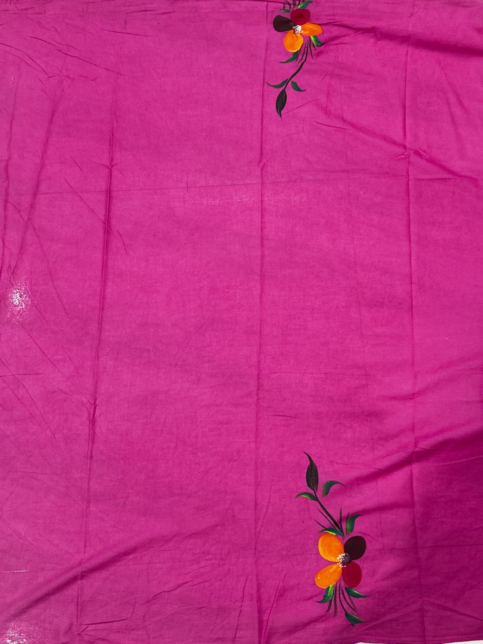 Painted via Hand Brush Cotton Saree With Blouse Piece