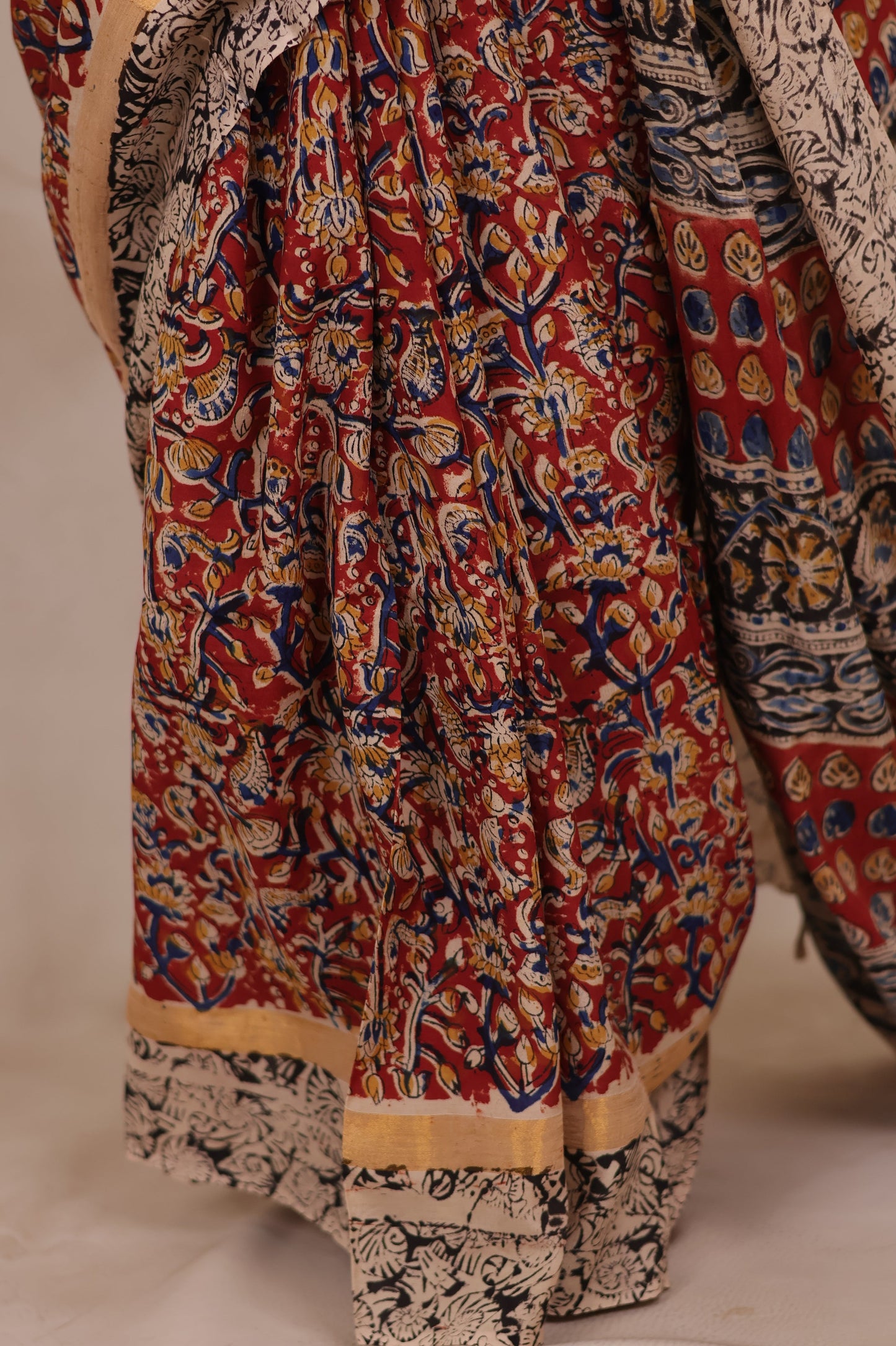 Red Hand Block Printed Kalamkari Chennur Silk Saree