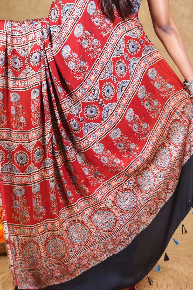 Red String Ajrakh Modal Silk Saree