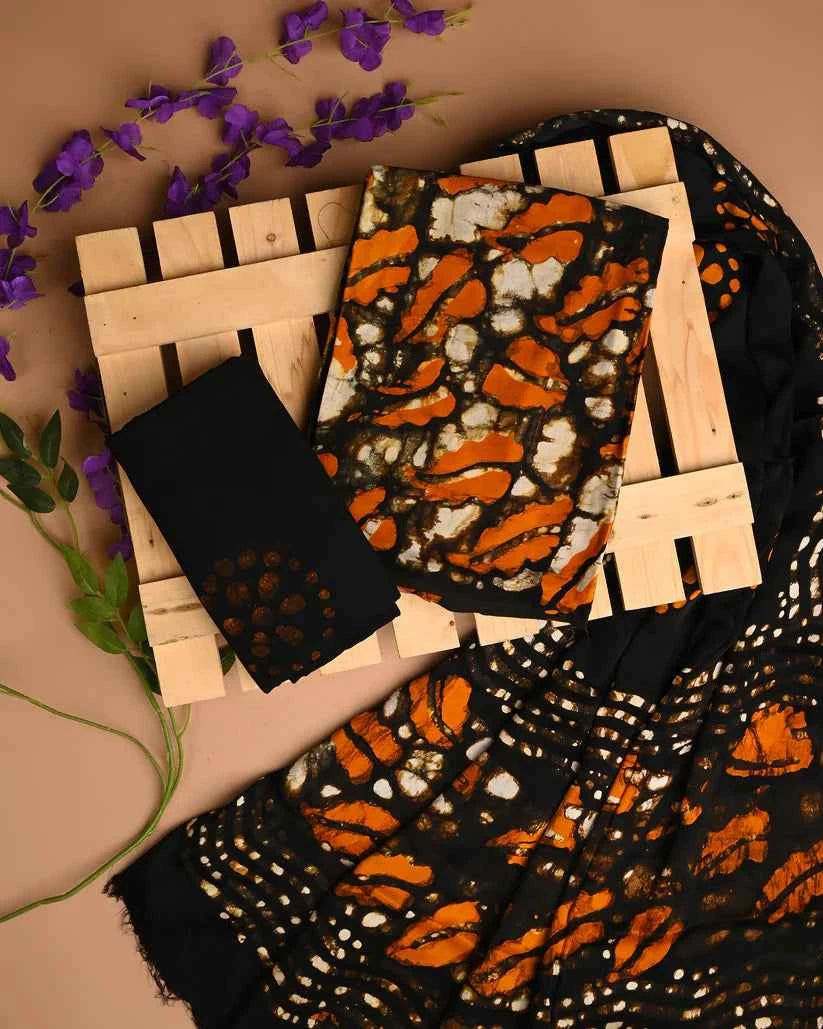 Black And Orange Print Modal Satin Suit Sets