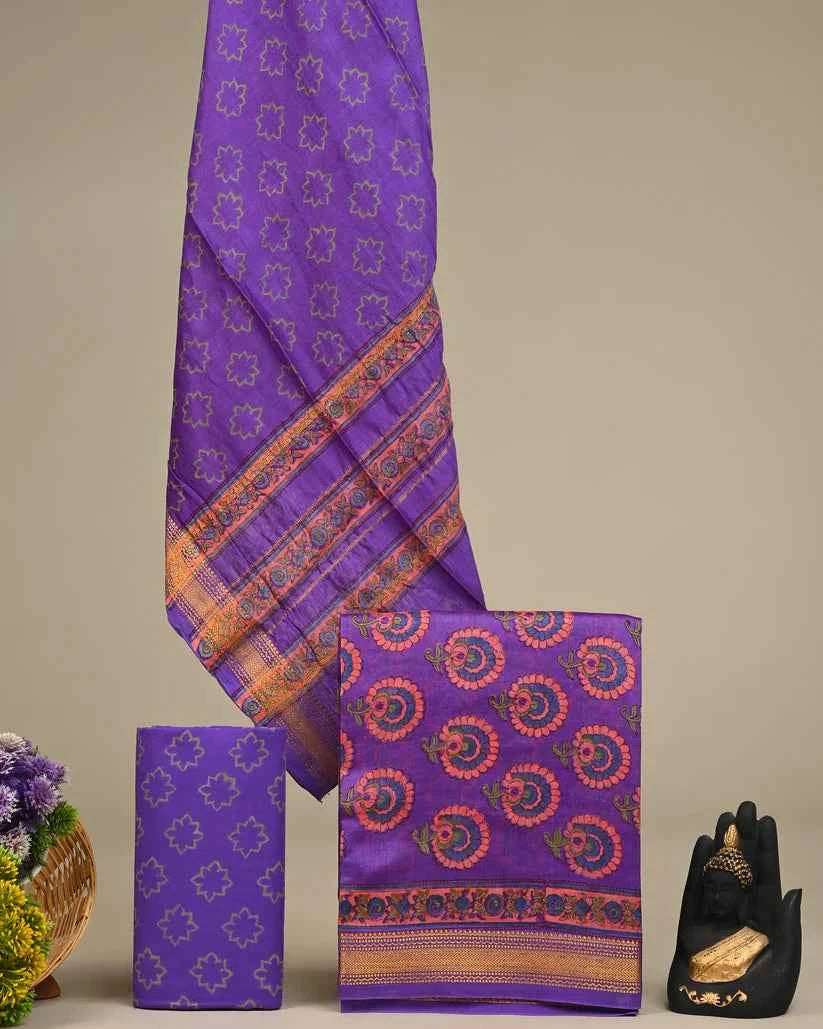 Yellow Golden Blue Maheshwari Silk Suit Set