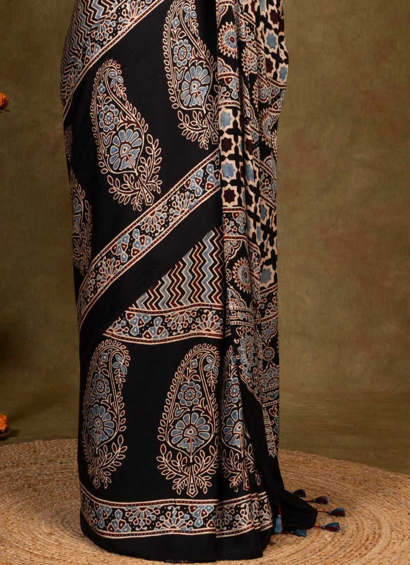 Black Chevron By Paisley Ajrakh Modal Silk Saree